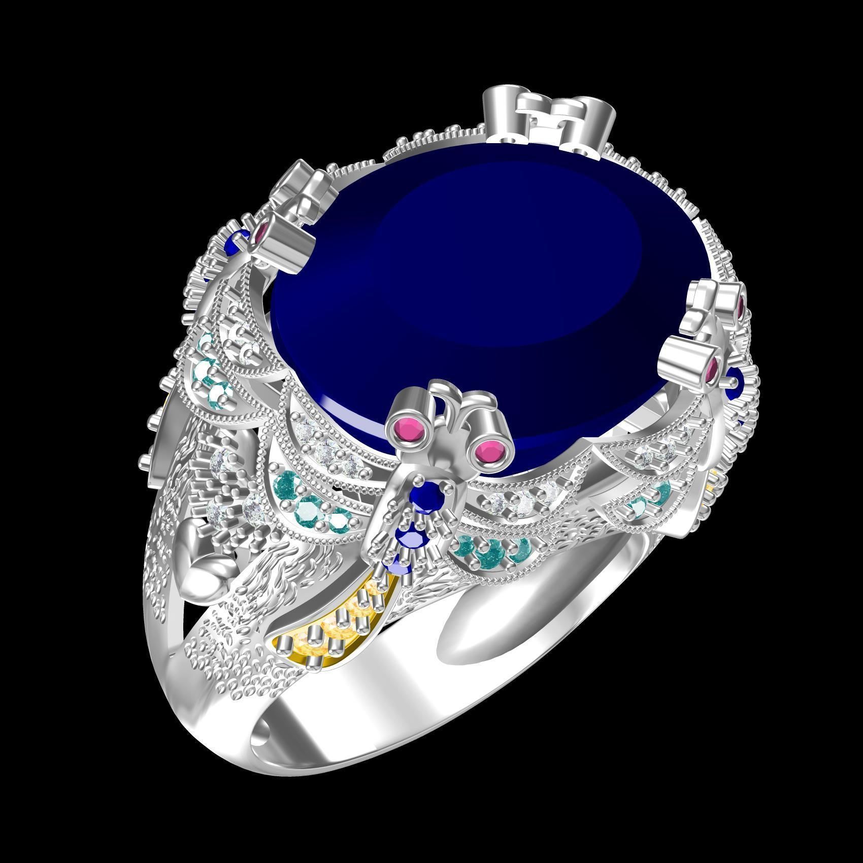 Unique Oval Stone Floral Design Hip Hop Ring 3D print model_11