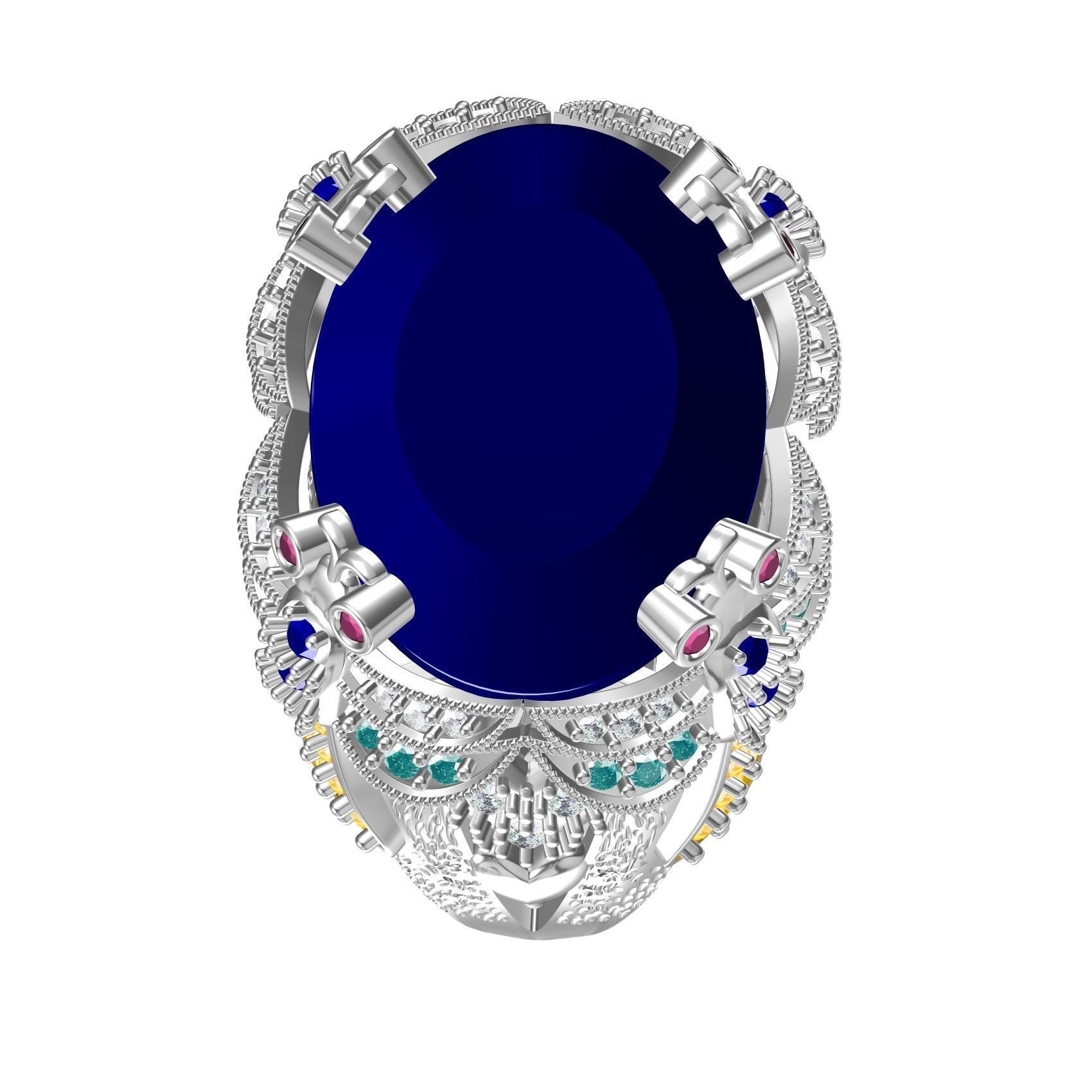 Unique Oval Stone Floral Design Hip Hop Ring 3D print model_8