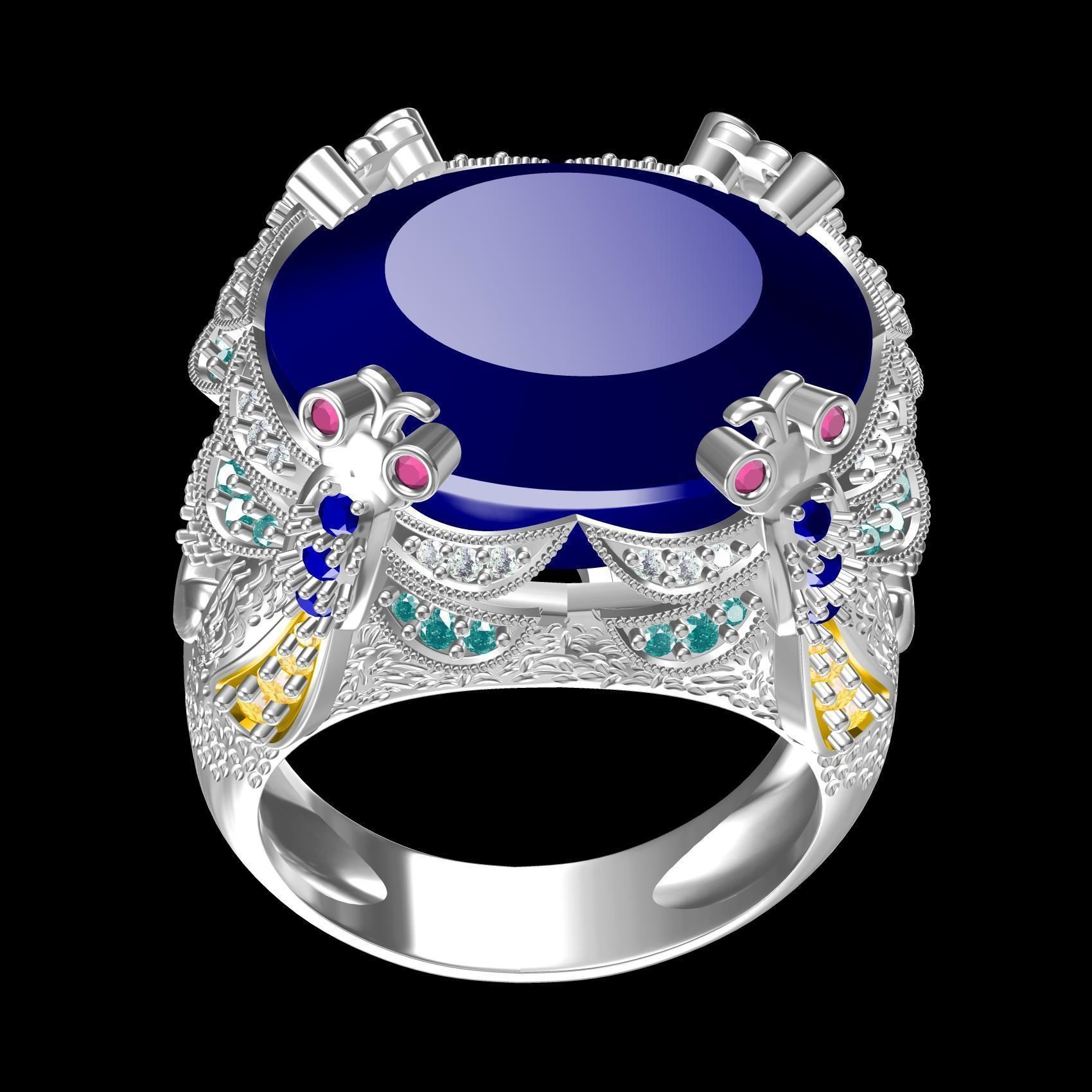 Unique Oval Stone Floral Design Hip Hop Ring 3D print model_9