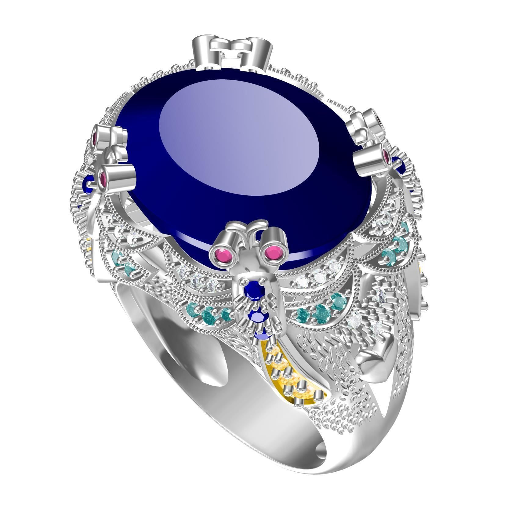 Unique Oval Stone Floral Design Hip Hop Ring 3D print model_1