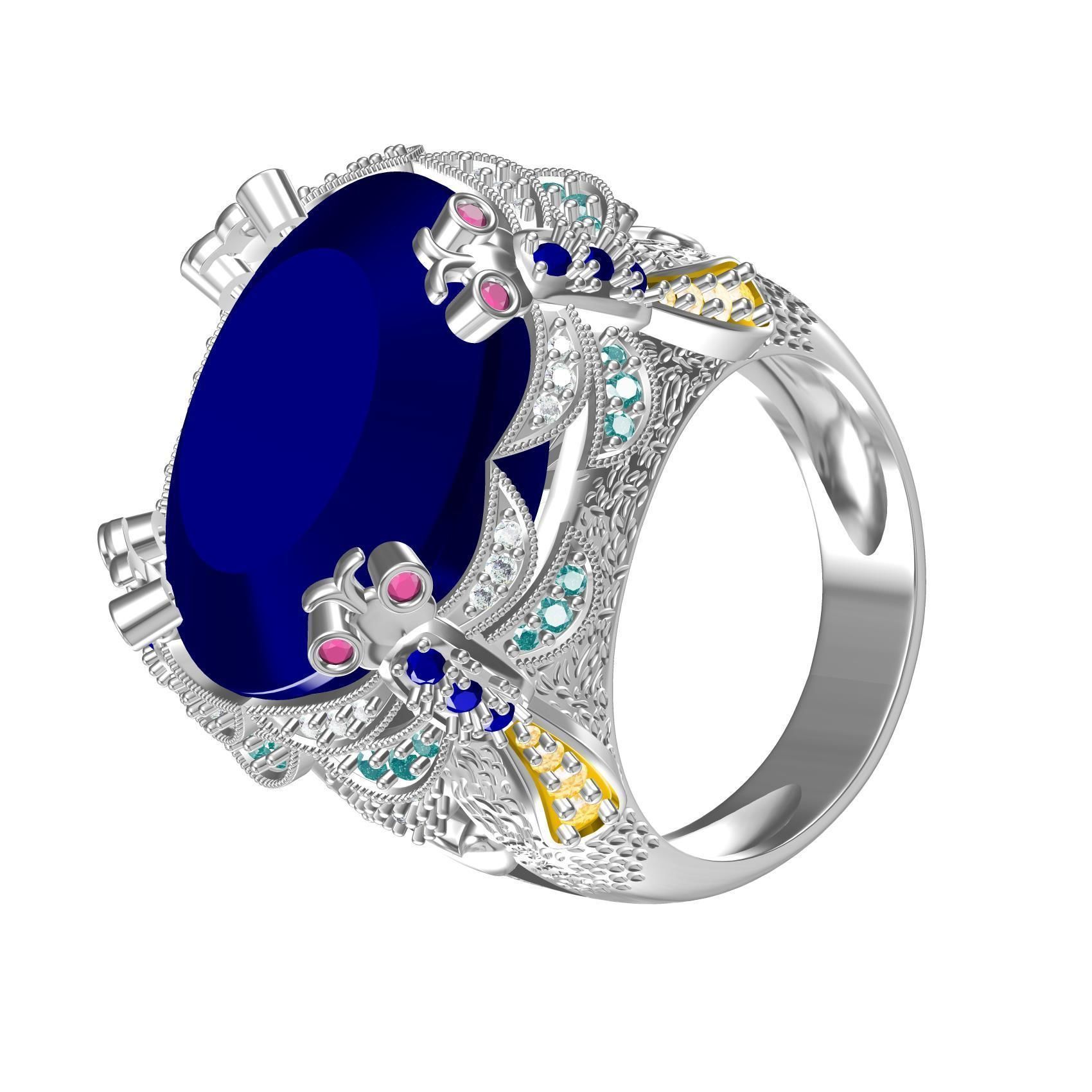 Unique Oval Stone Floral Design Hip Hop Ring 3D print model_3