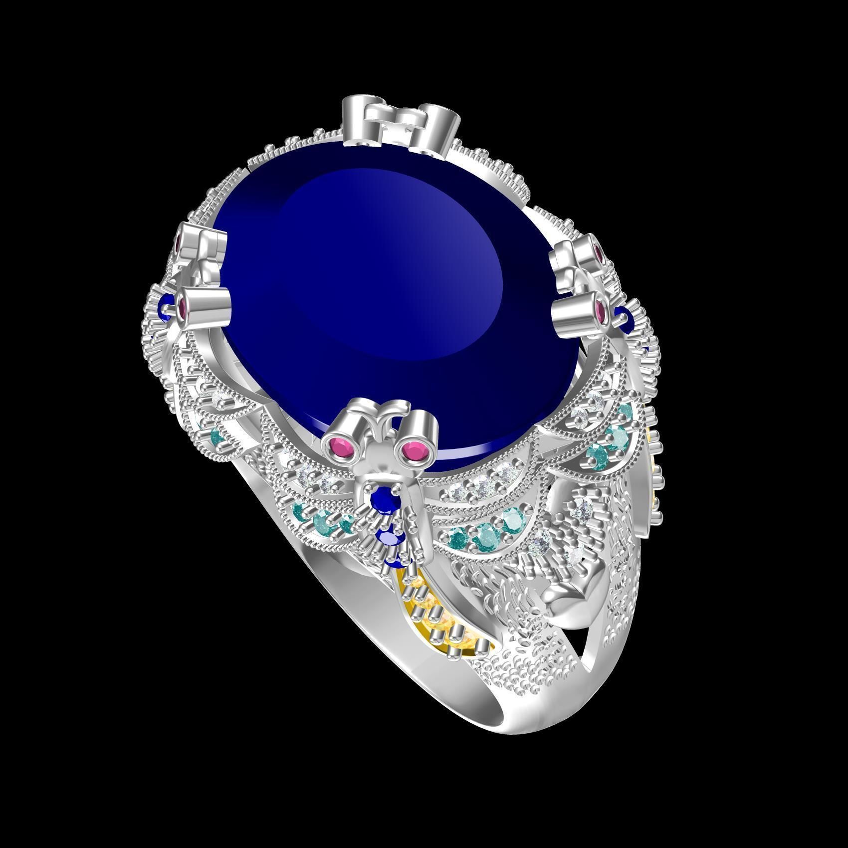 Unique Oval Stone Floral Design Hip Hop Ring 3D print model_10