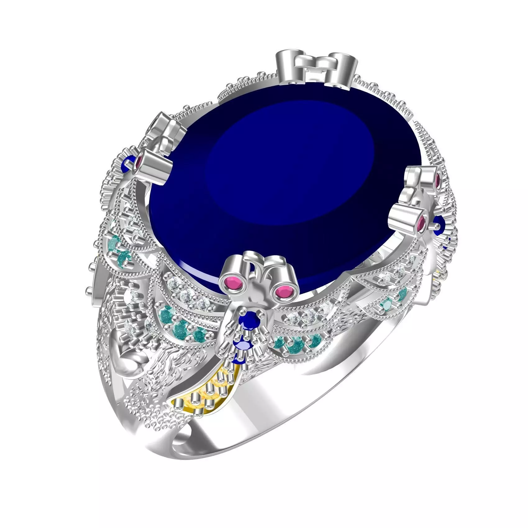 Unique Oval Stone Floral Design Hip Hop Ring 3D print model_0