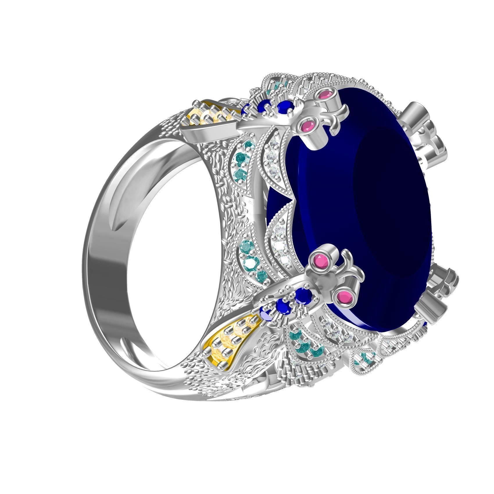 Unique Oval Stone Floral Design Hip Hop Ring 3D print model_4