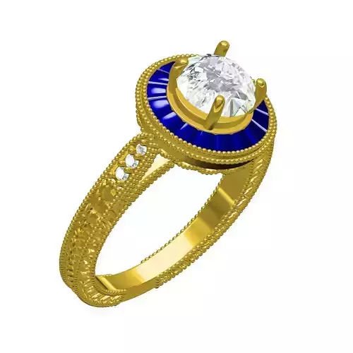 Round Cut Diamond And Sapphire Halo Solitaire Engagement Ring