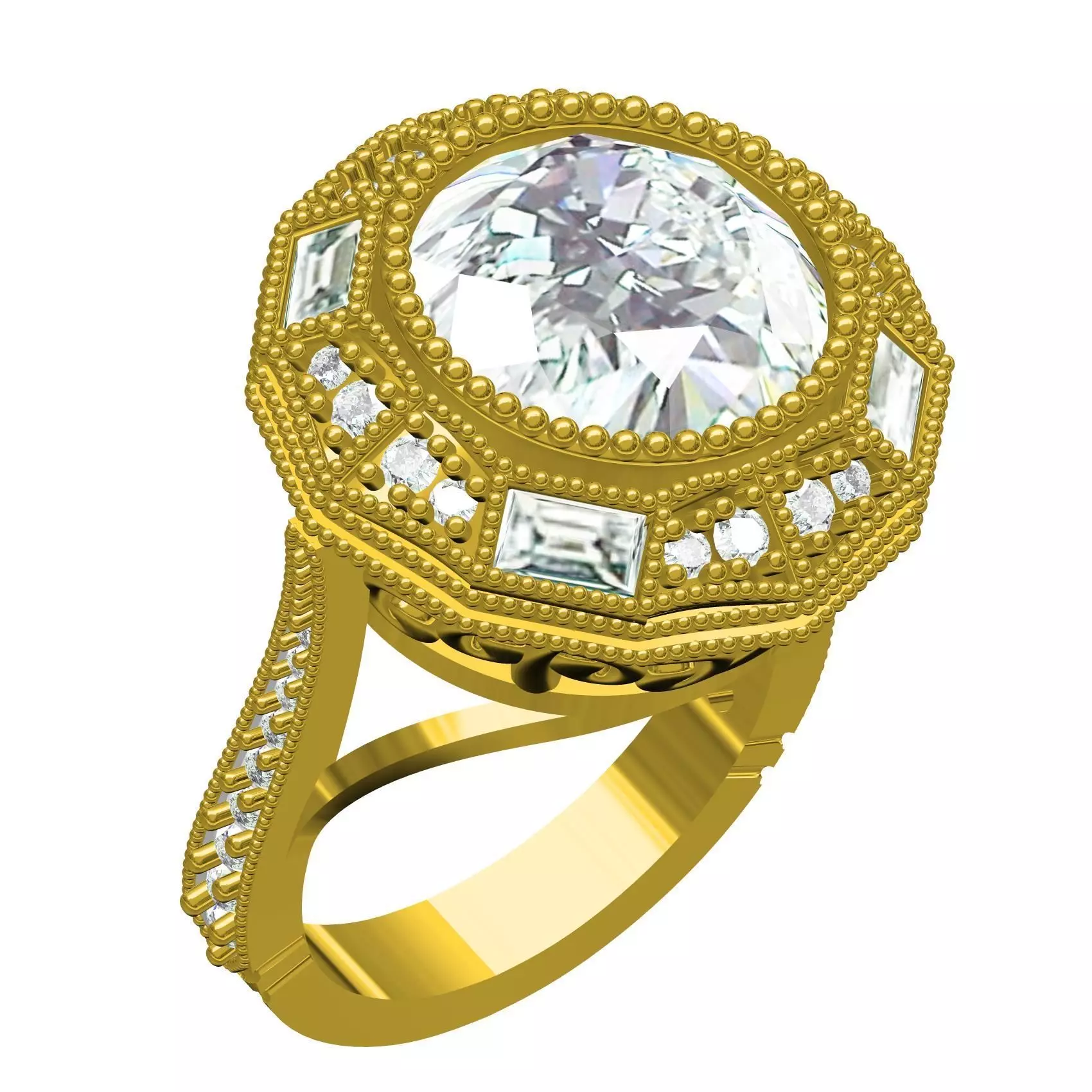 Antique Round Cut White Diamond Art Deco Engagement Ring 3D print model