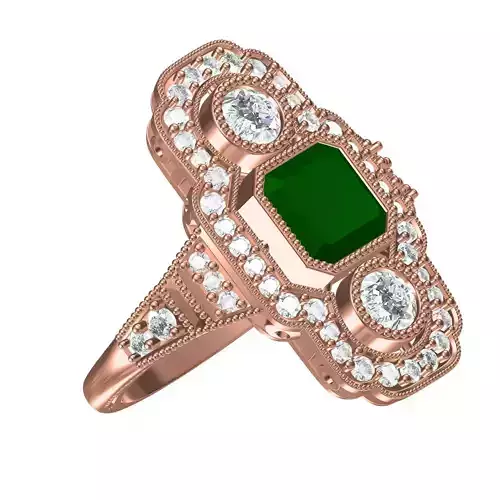 Emerald and Round Three Stone Vintage Engagement Ring