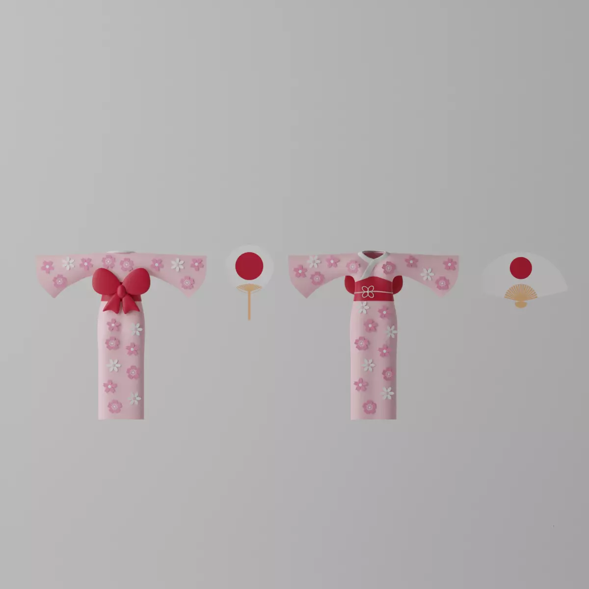 Cartoon Lovely Japanese Kimono With Hand Fan 3D model