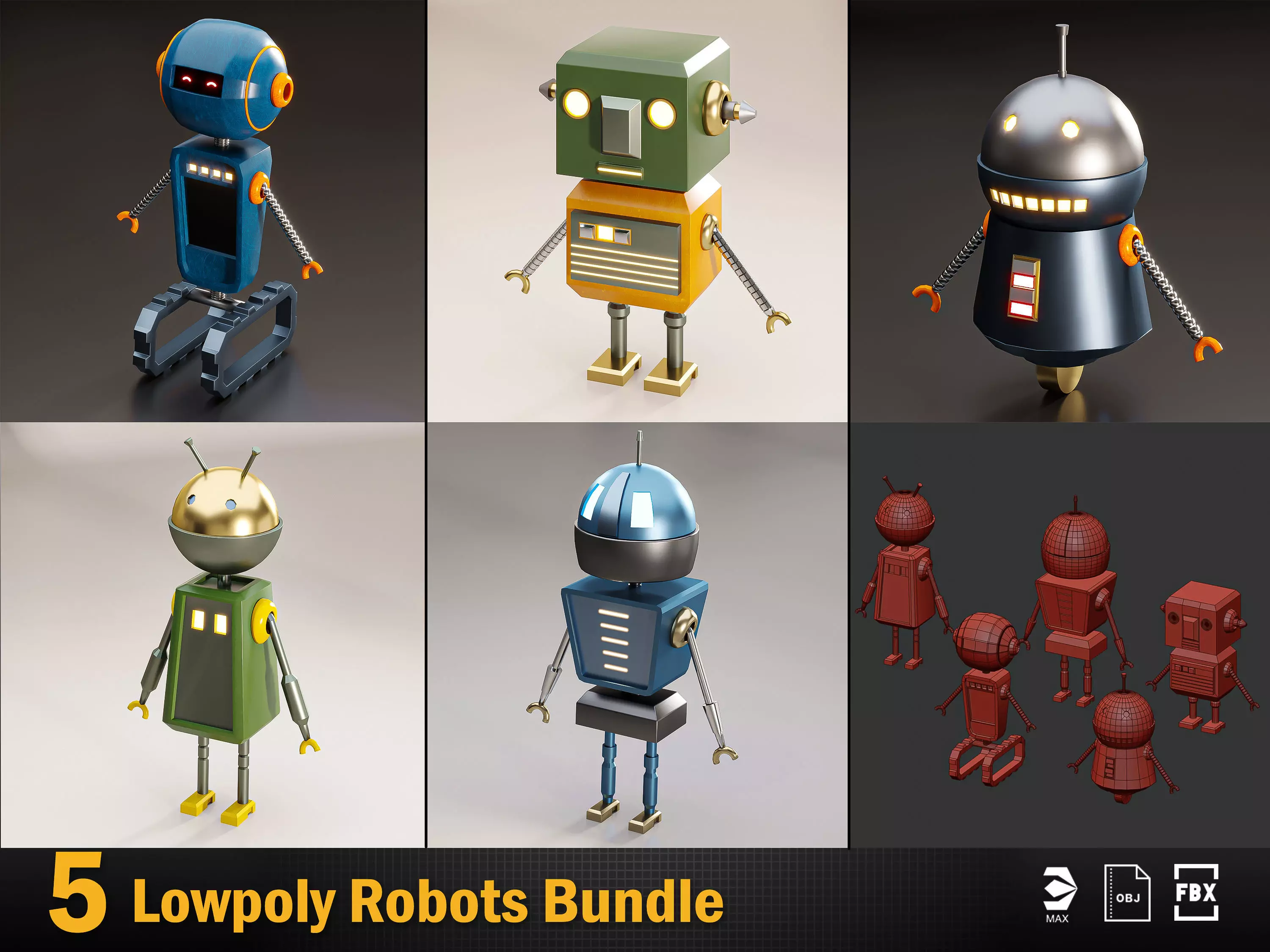 5 low poly Robot Bundle Low-poly 3D model_0