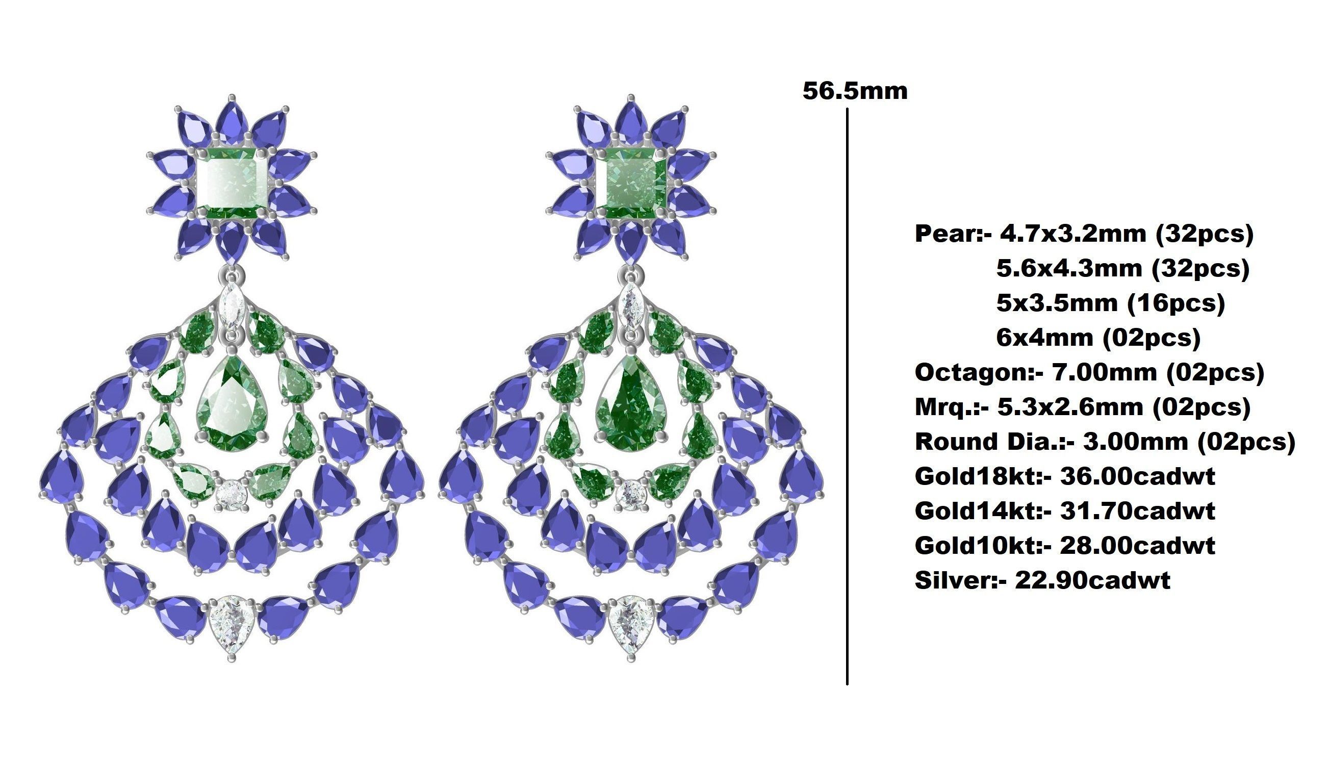 Multicolor Pear and Emerald Stone Drop Earring 3D print model_12