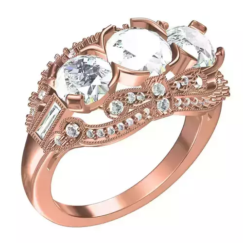 Three Stone Vintage Look Wedding Bridal Ring