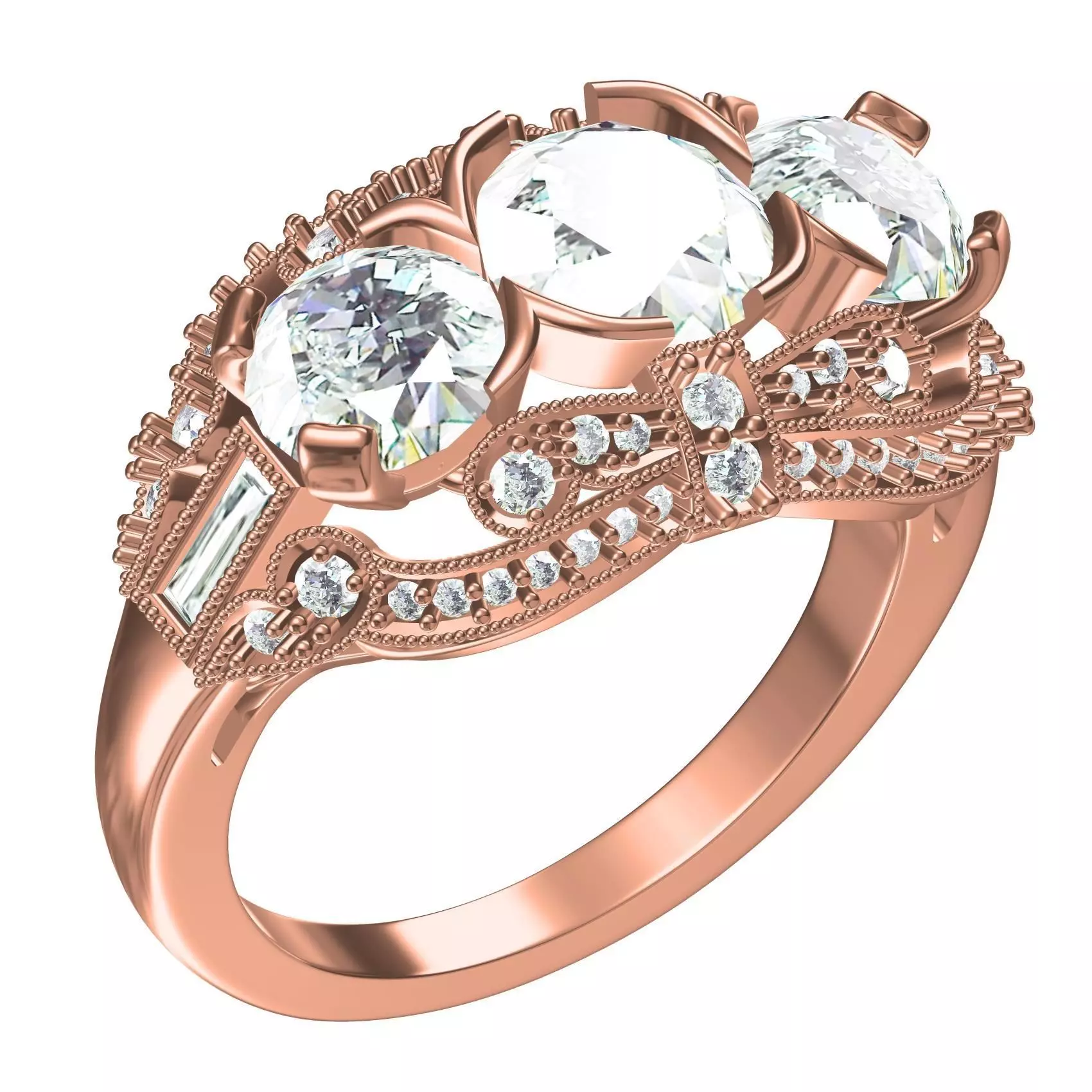 Three Stone Vintage Look Wedding Bridal Ring 3D print model