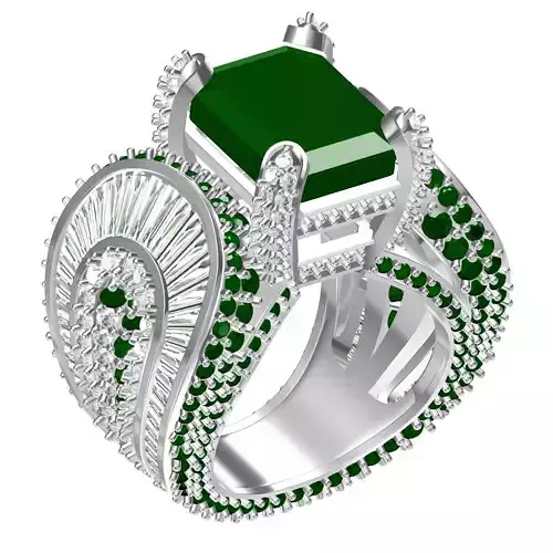 Unique Green Emerald and Round Diamond Cocktail Ring