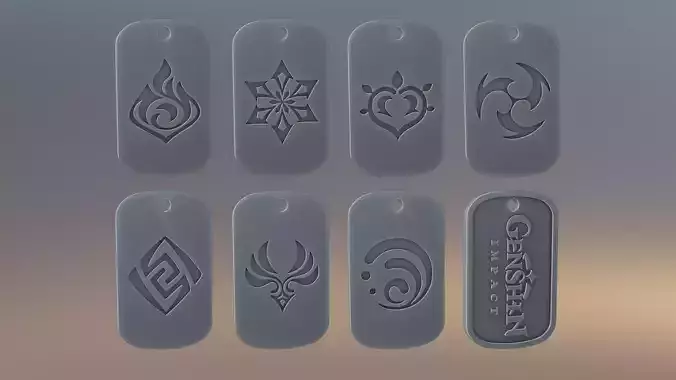 Genshin Impact all elements logos dogtag 3D Model Collection