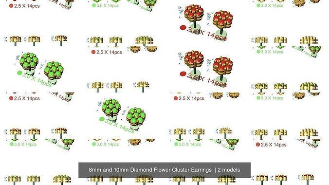 8mm and 10mm Diamond Flower Cluster Earrings  3D Model Collection