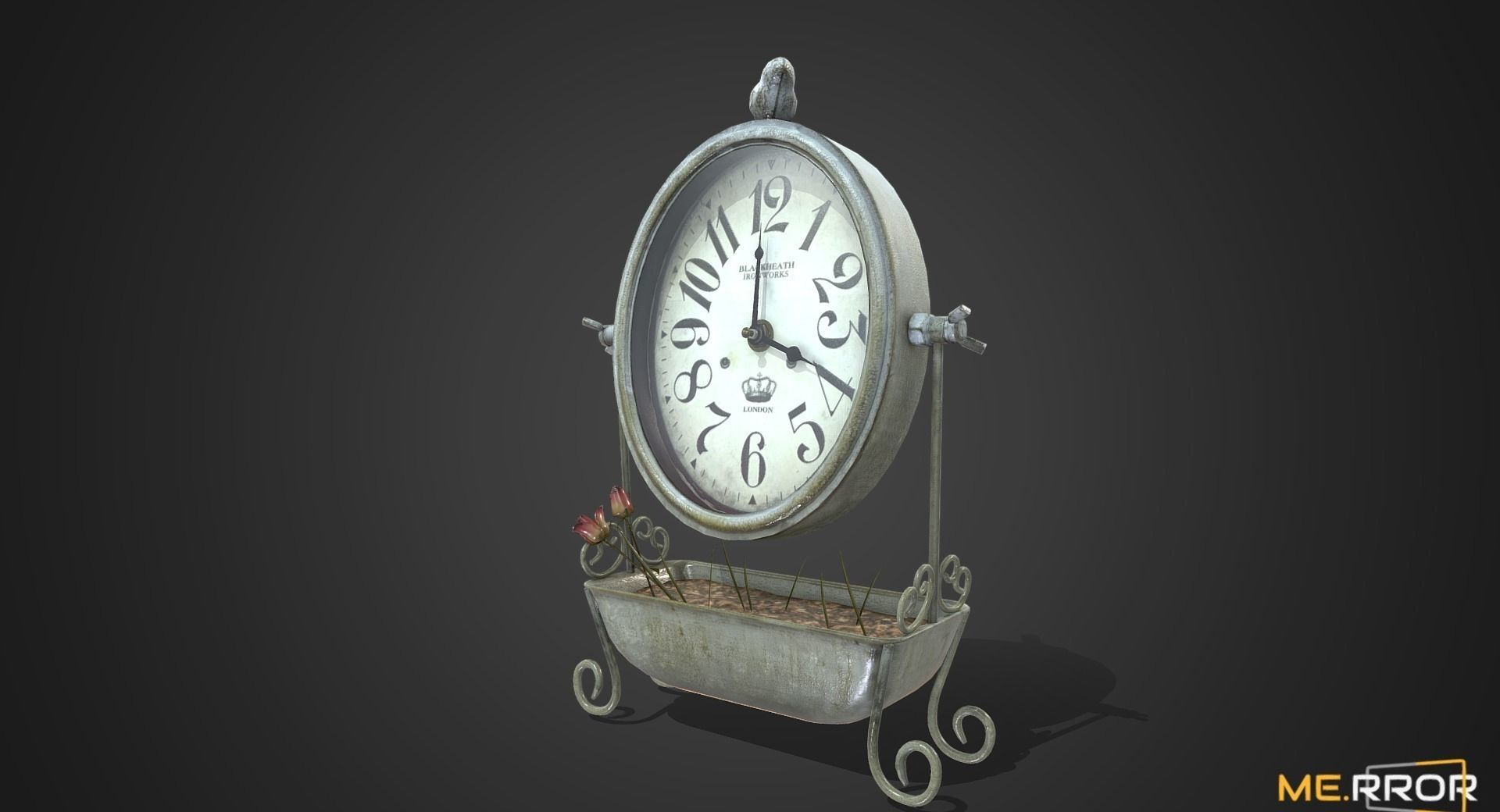 Game Ready Antique Desk Clock with Flowers Low-poly 3D model_2