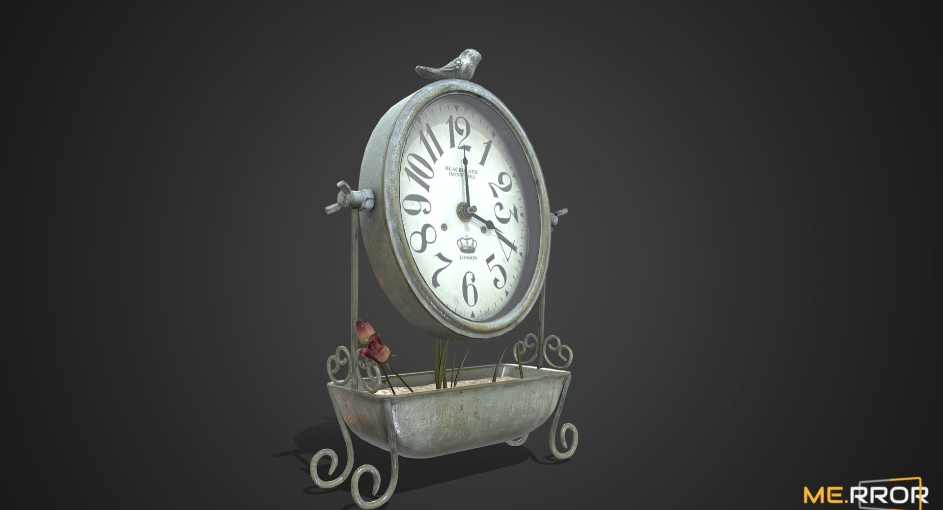 Game Ready Antique Desk Clock with Flowers Low-poly 3D model_1
