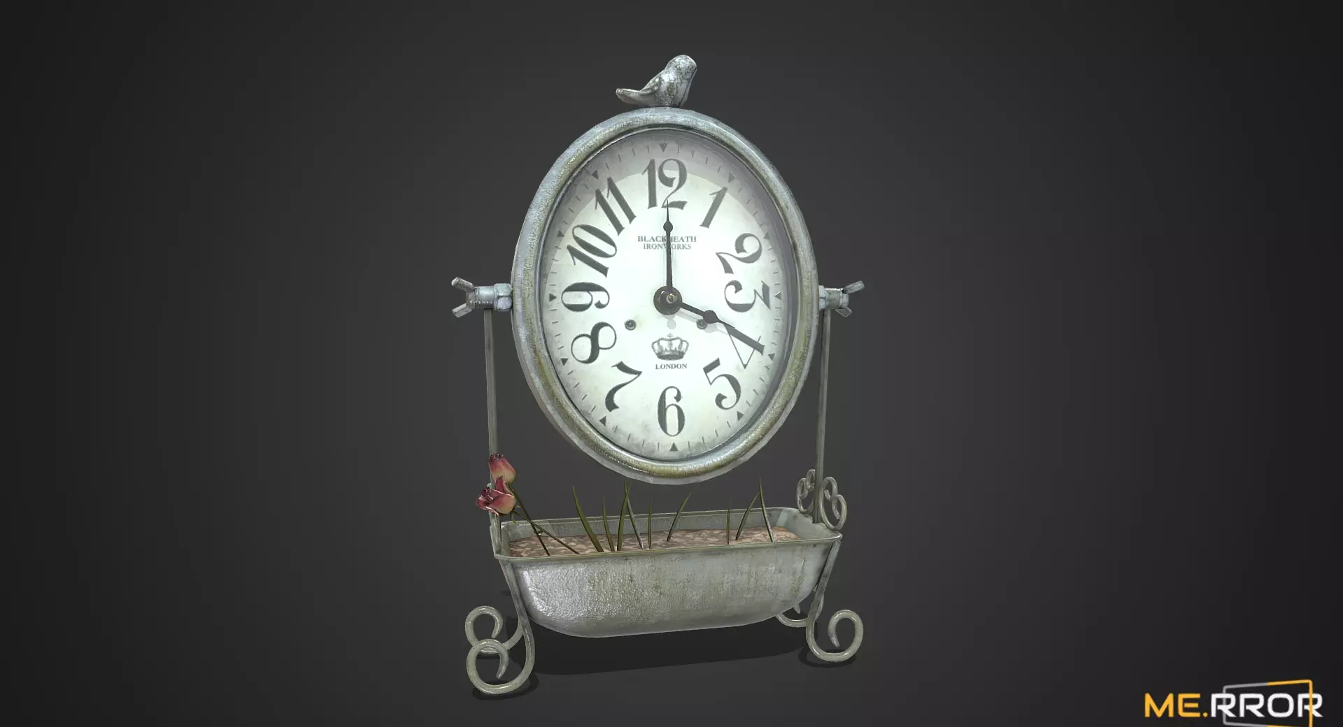Game Ready Antique Desk Clock with Flowers Low-poly 3D model_0