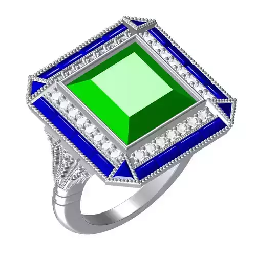 Fancy Green Princess and Blue Baguette Diamond Art Deco Ring