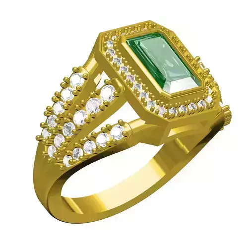 Green Emerald Halo Three Row Shank Engagement Ring