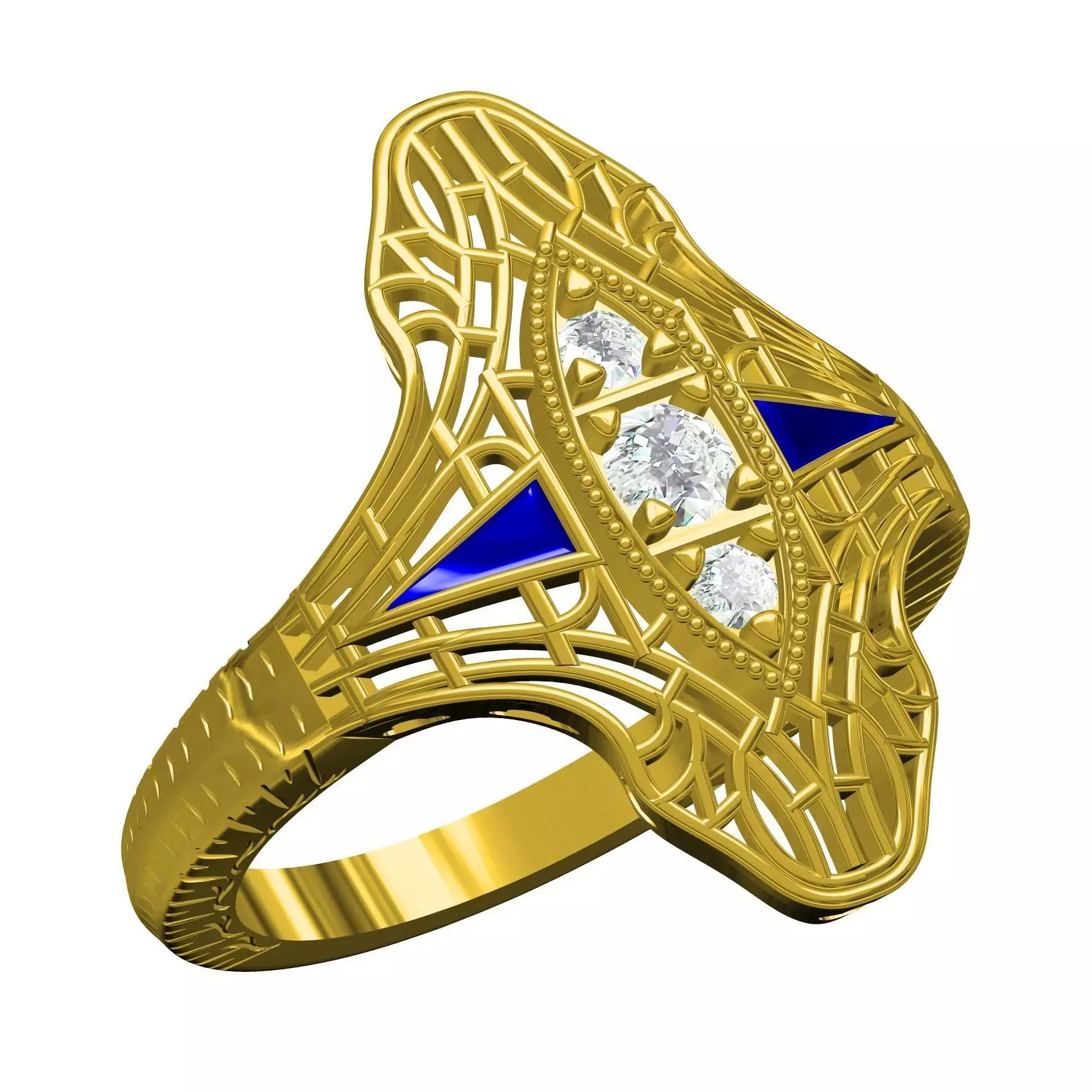 Three Round and Two Trillion Stone Art Deco Engagement Ring 3D print model