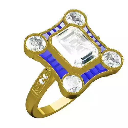 Emerald and Round Bezel Set Vintage Engagement Ring