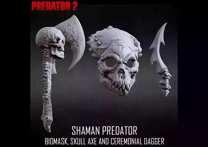 3D PRINTABLE SHAMAN PREDATOR BIOMASK AXE AND DAGGER PREDATOR 2 3D print model
