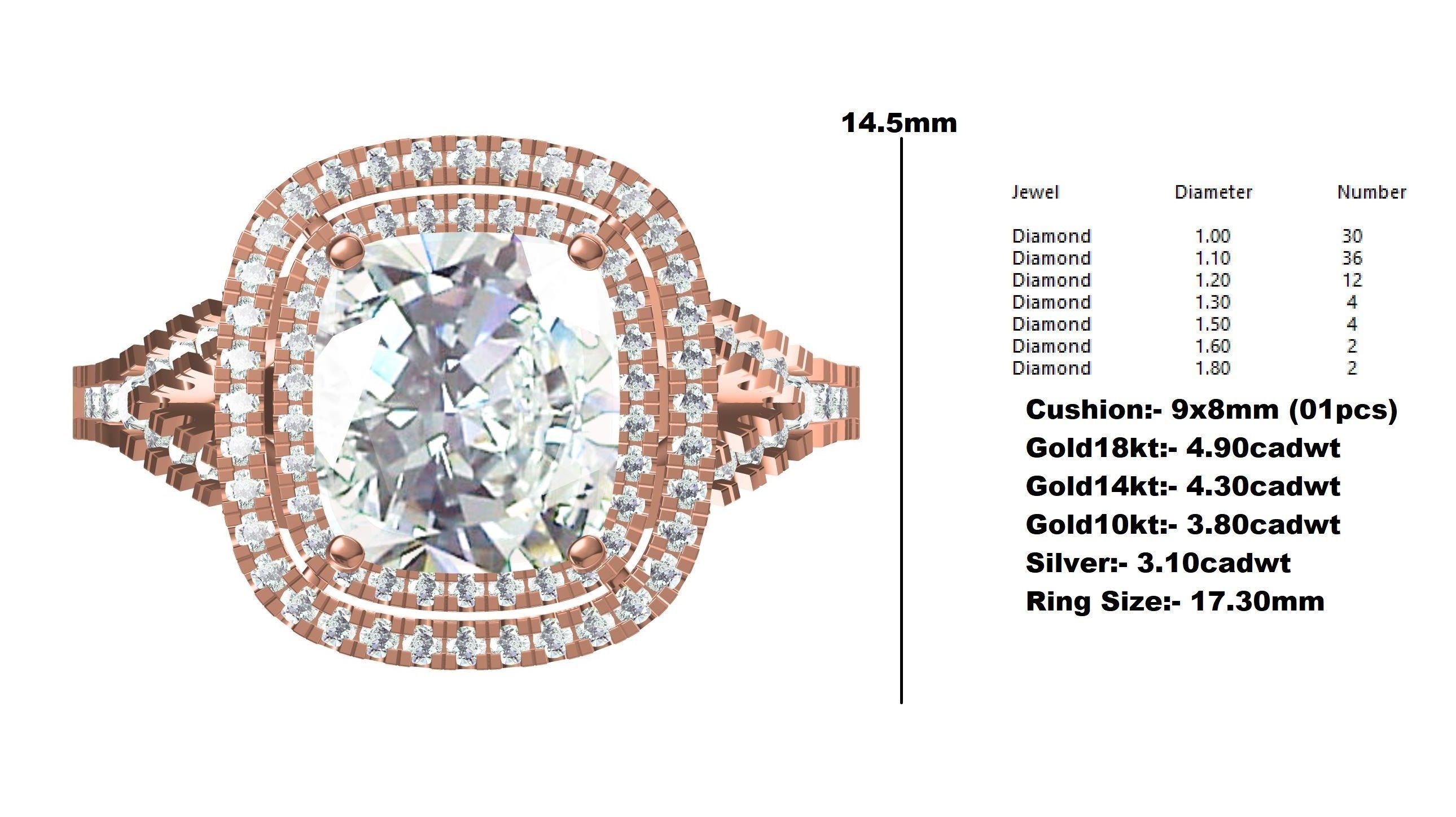 Cushion Stone Double Halo Micro Prong Set Cathedral Ring 3D print model_12