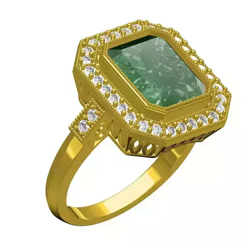 Green Emerald and Round Diamond Halo Wedding Ring for Women