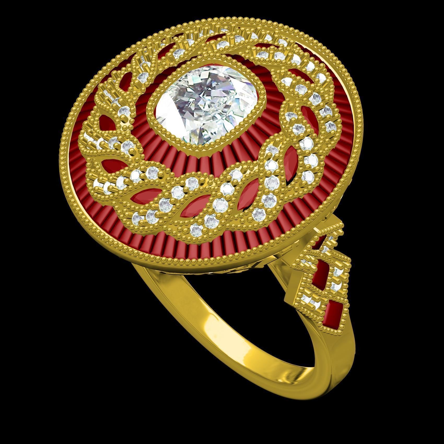 Filigree Art Deco Ruby Diamond Cushion Cut Diamond Ring 3D print model_10