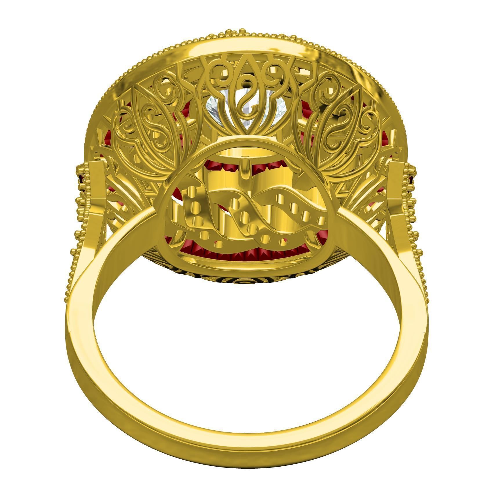 Filigree Art Deco Ruby Diamond Cushion Cut Diamond Ring 3D print model_8