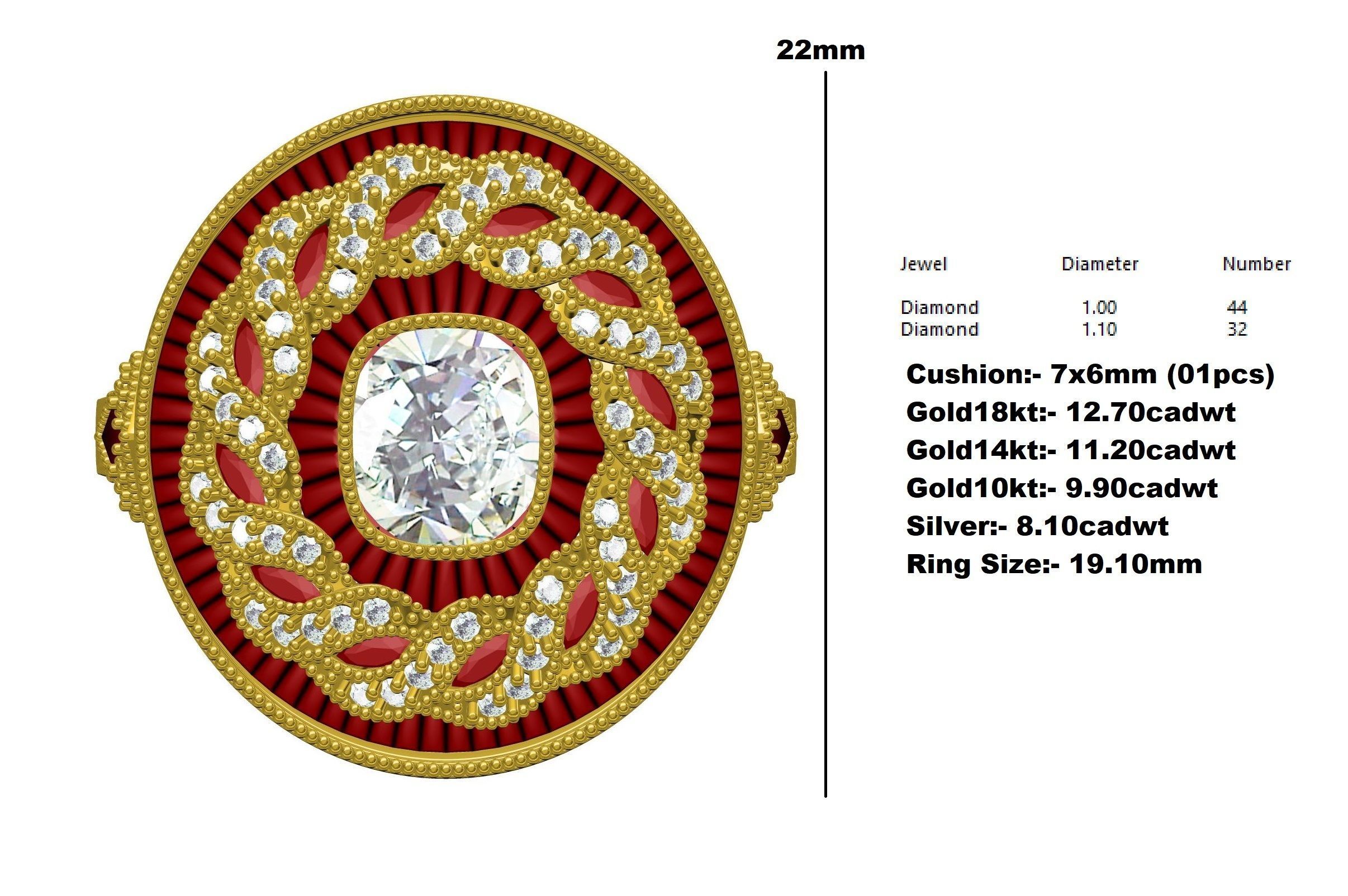 Filigree Art Deco Ruby Diamond Cushion Cut Diamond Ring 3D print model_12