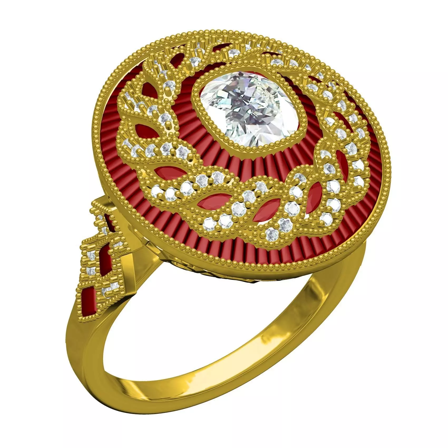 Filigree Art Deco Ruby Diamond Cushion Cut Diamond Ring 3D print model_0