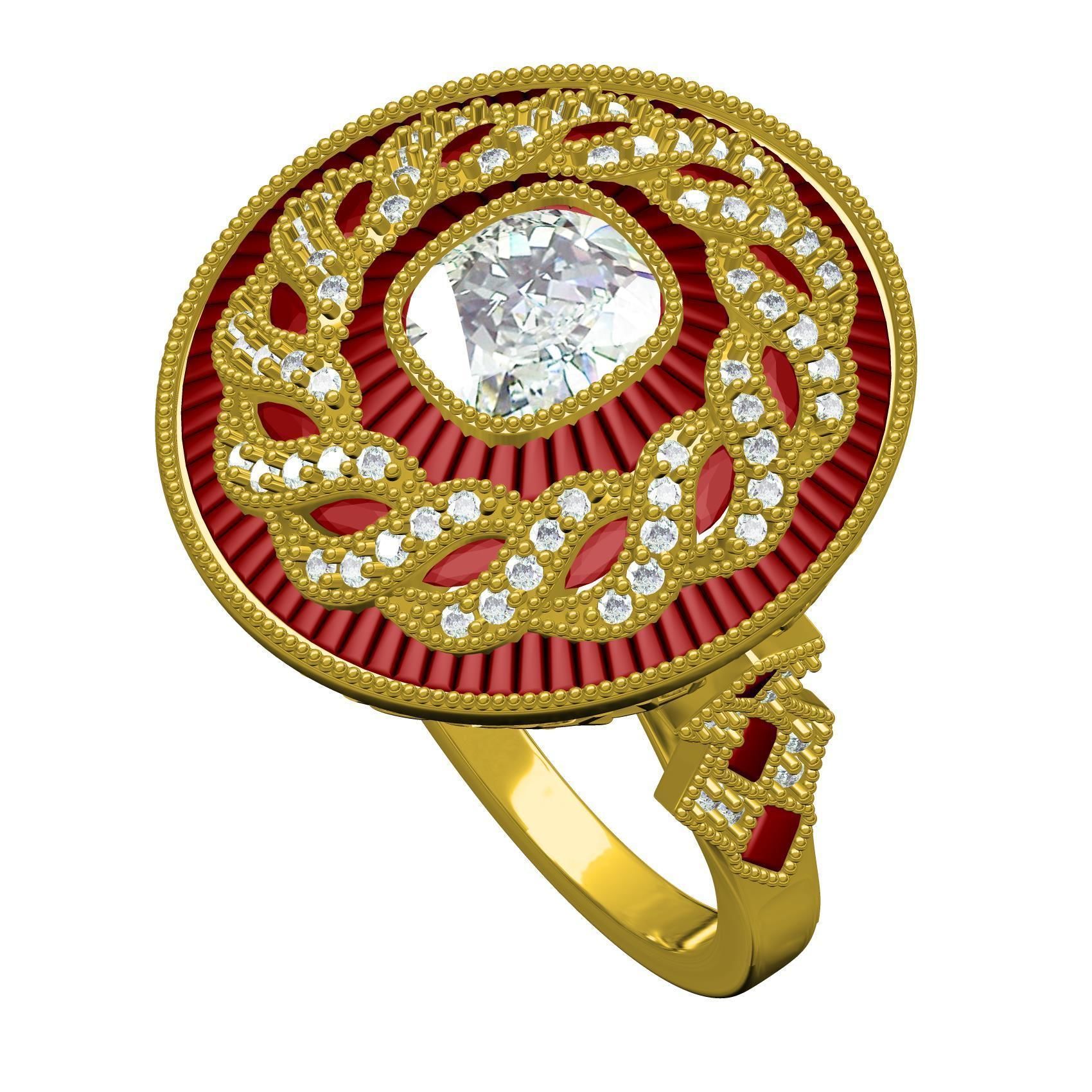 Filigree Art Deco Ruby Diamond Cushion Cut Diamond Ring 3D print model_1