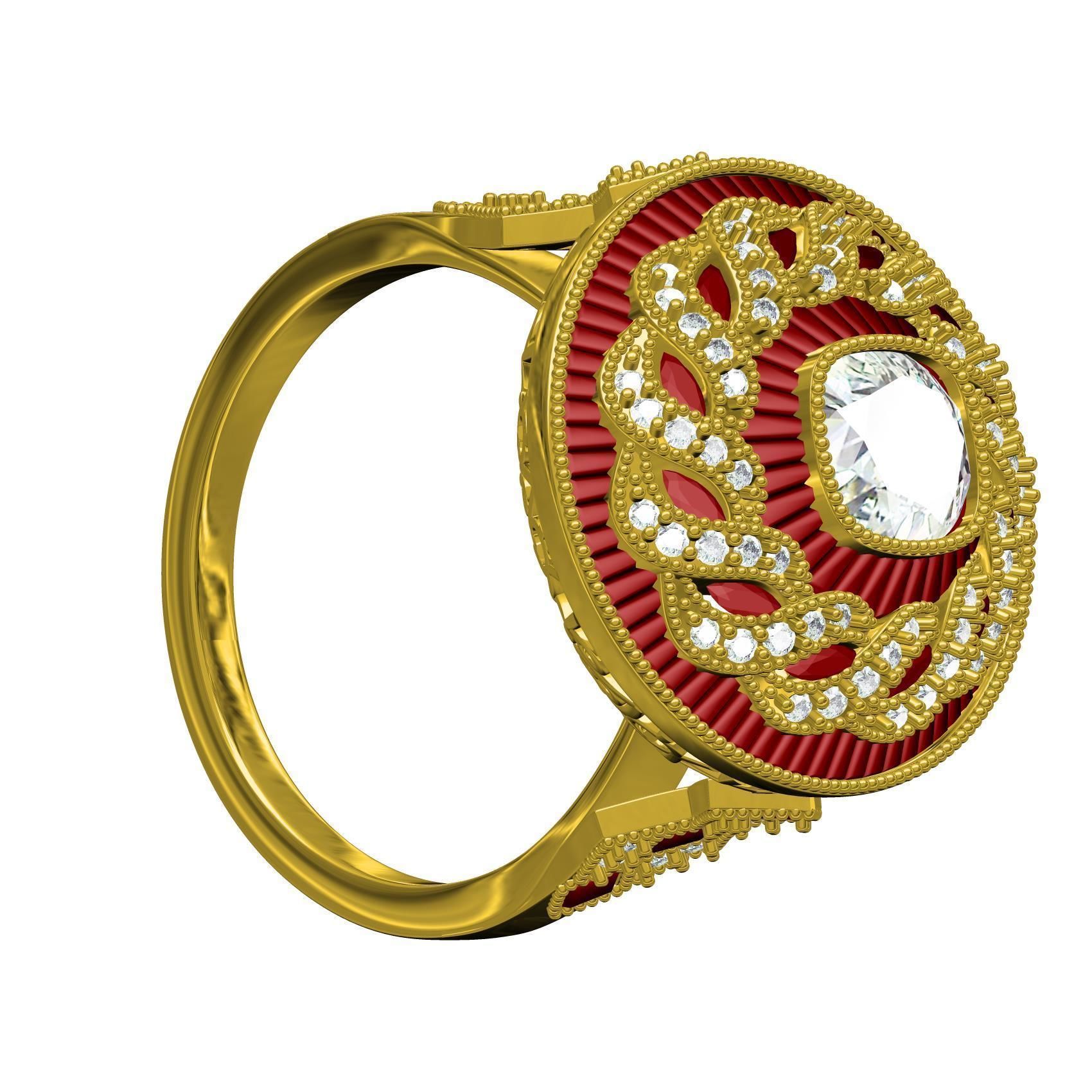 Filigree Art Deco Ruby Diamond Cushion Cut Diamond Ring 3D print model_4