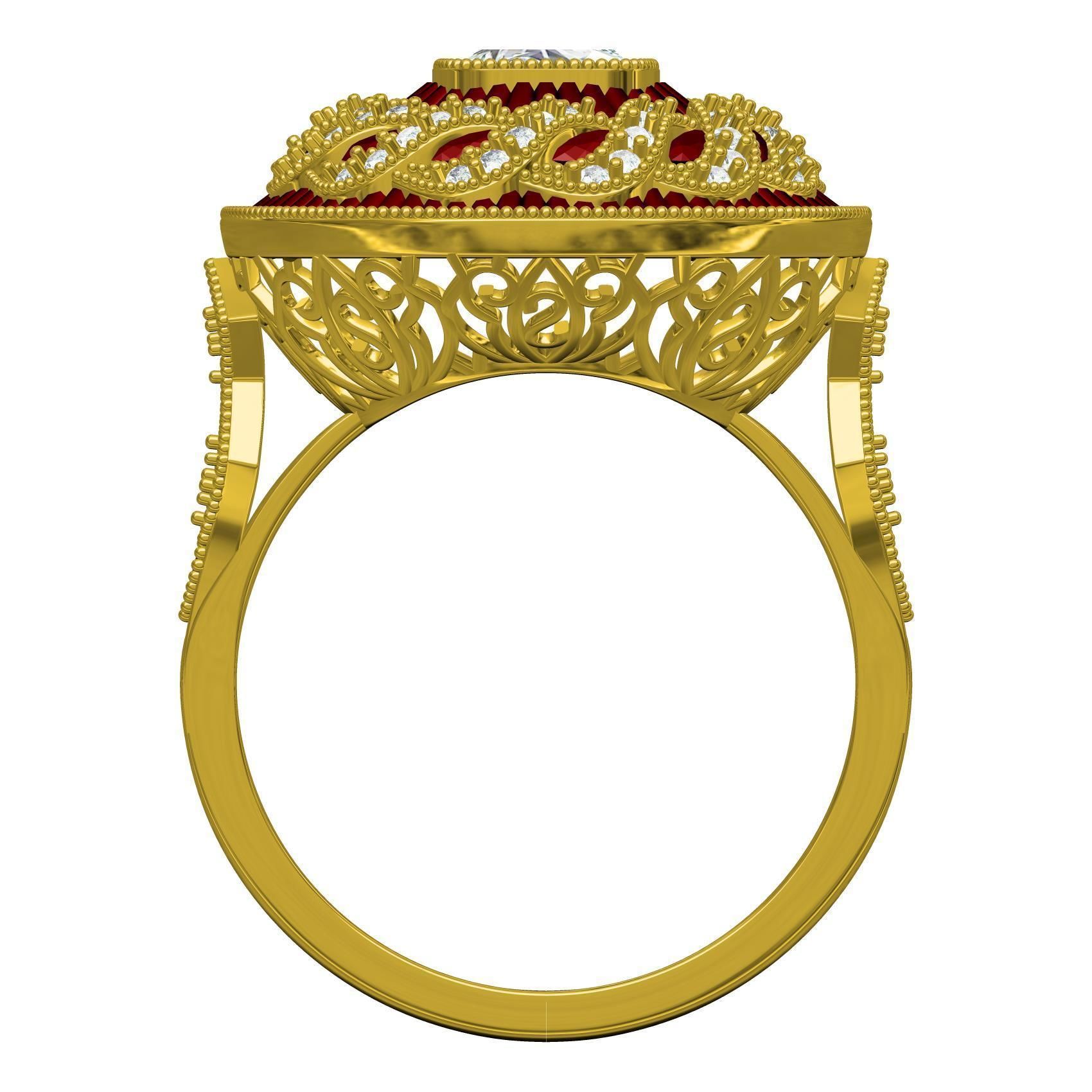 Filigree Art Deco Ruby Diamond Cushion Cut Diamond Ring 3D print model_6