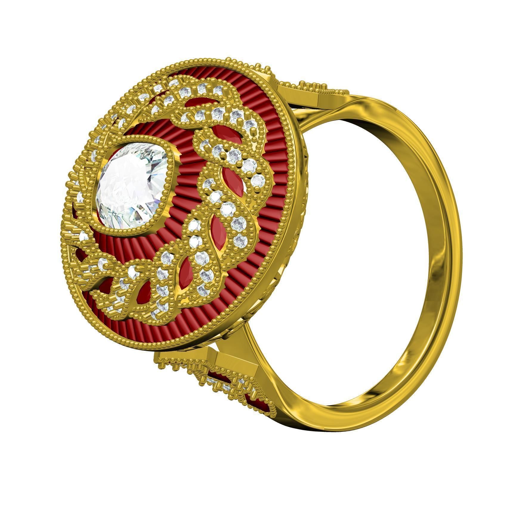 Filigree Art Deco Ruby Diamond Cushion Cut Diamond Ring 3D print model_3