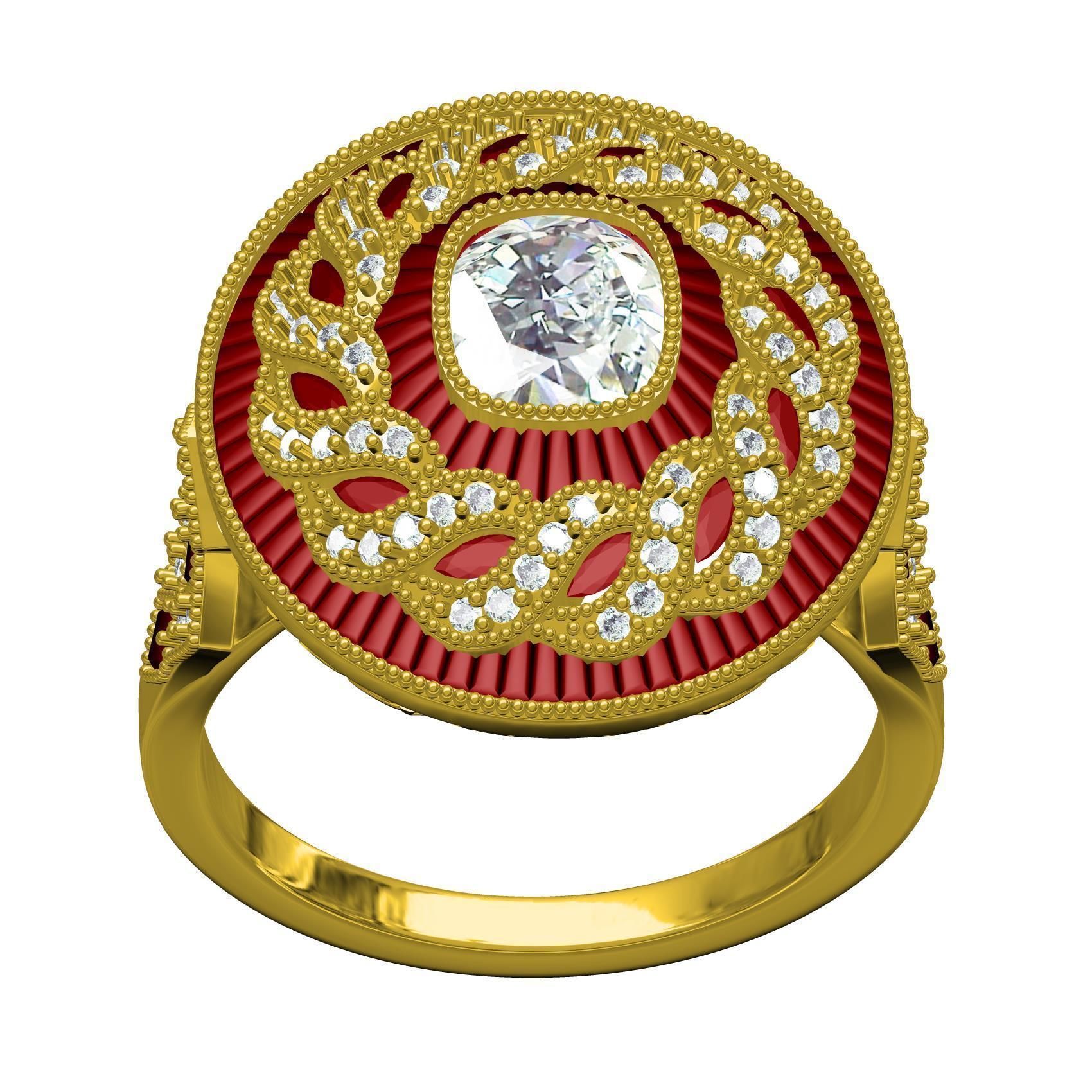 Filigree Art Deco Ruby Diamond Cushion Cut Diamond Ring 3D print model_2