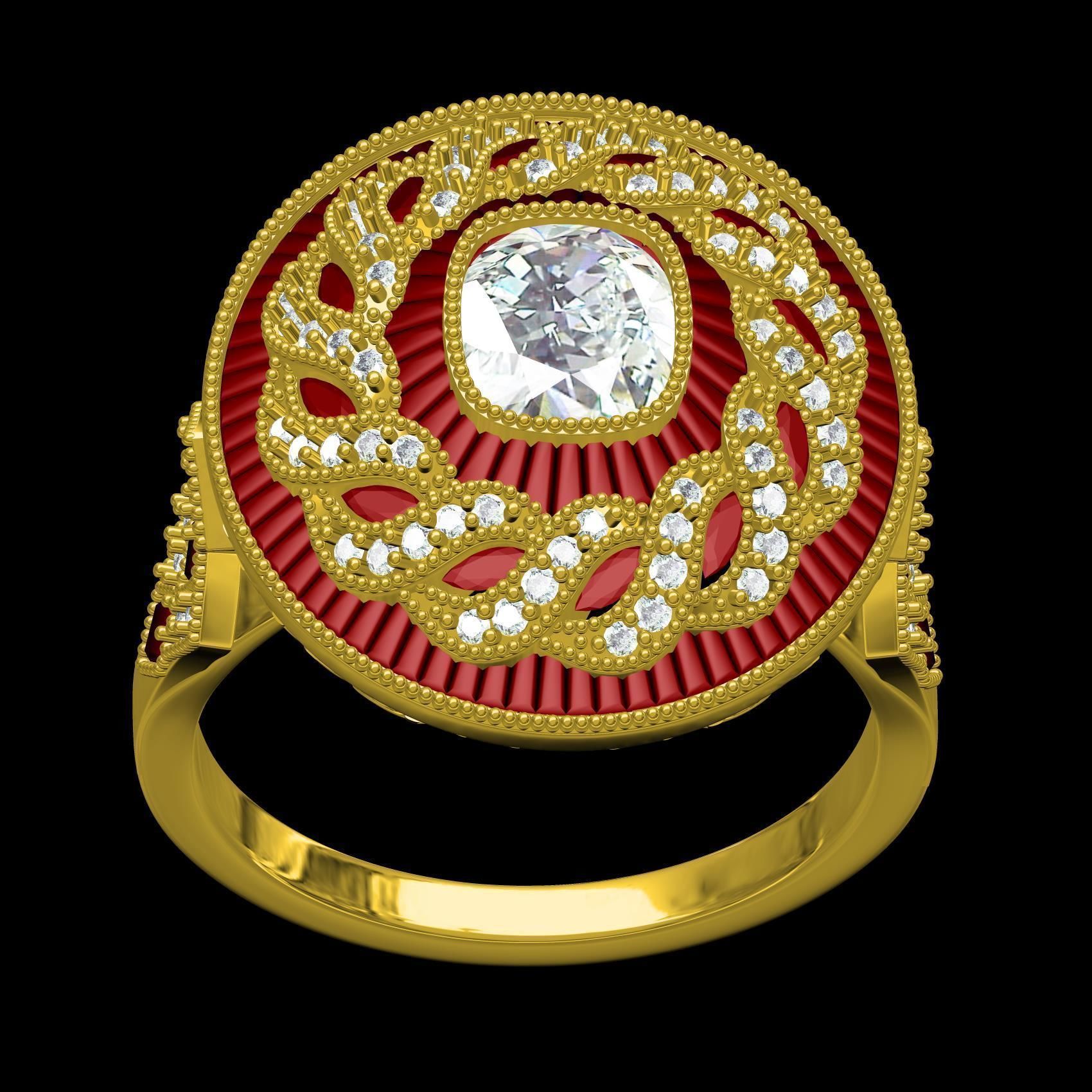 Filigree Art Deco Ruby Diamond Cushion Cut Diamond Ring 3D print model_9