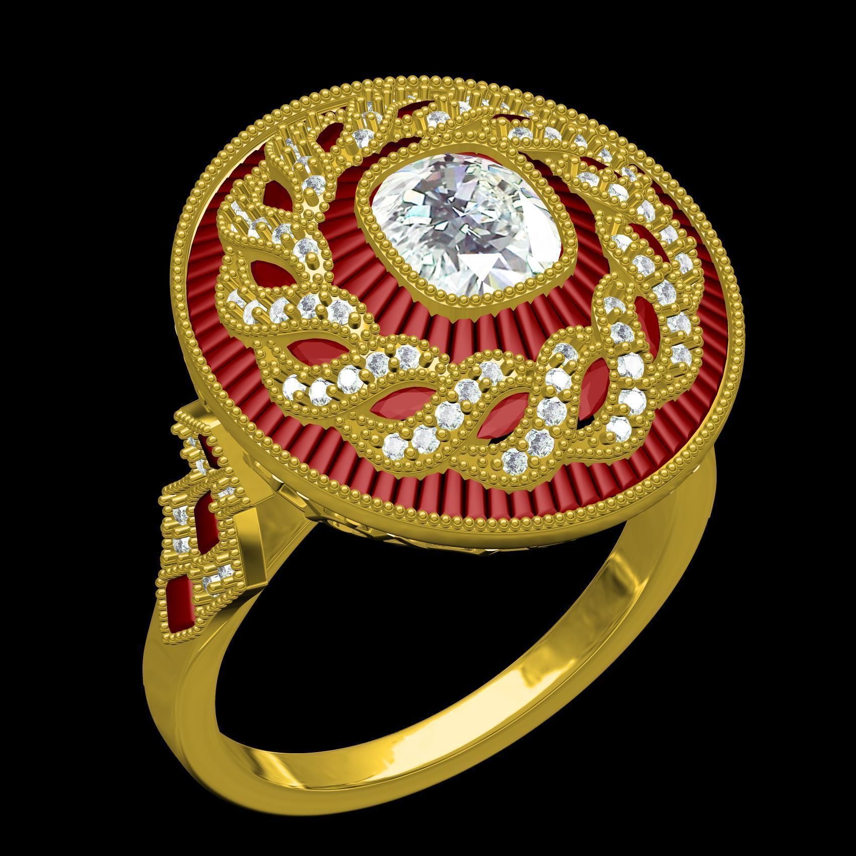 Filigree Art Deco Ruby Diamond Cushion Cut Diamond Ring 3D print model_11