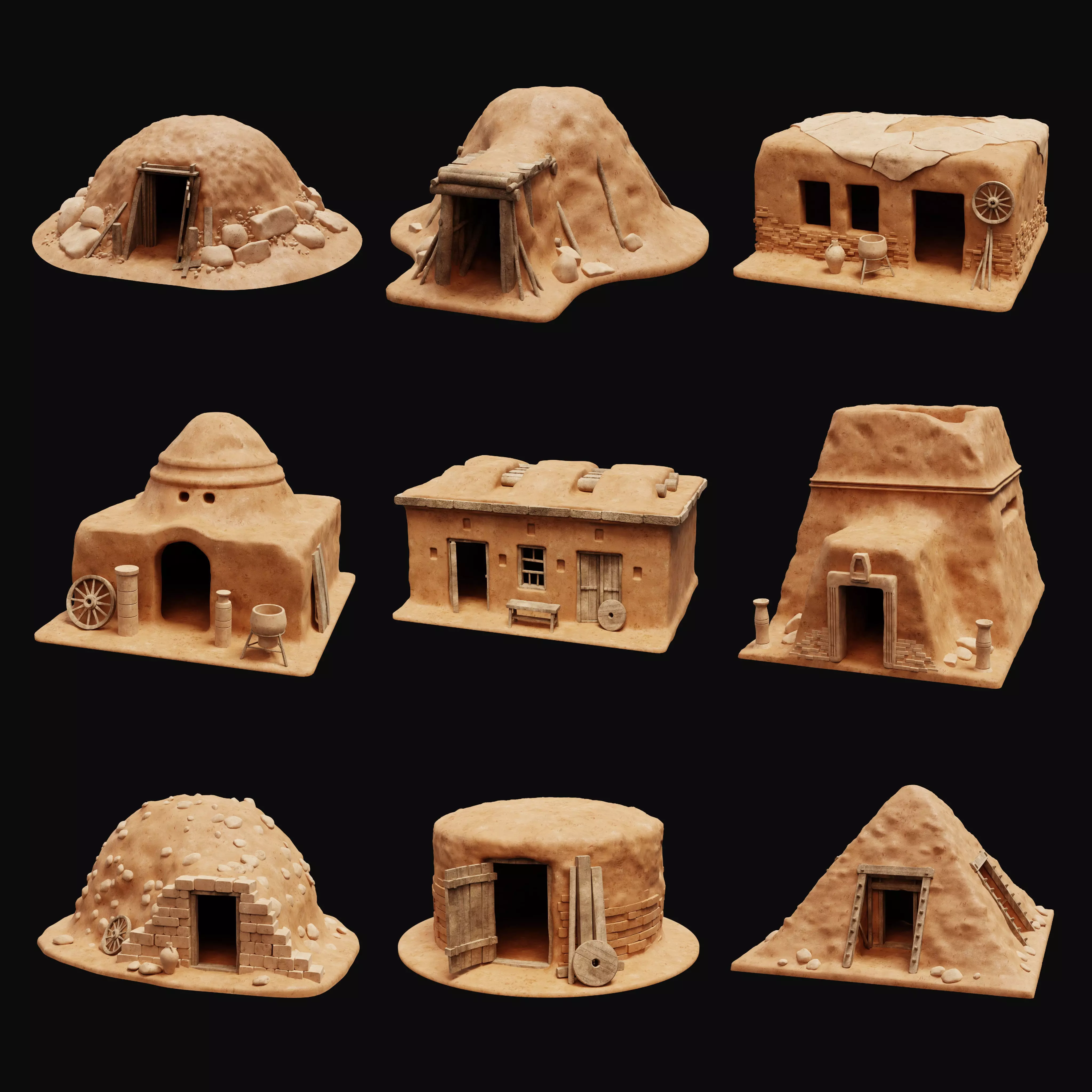 MUD CLAY DESERT EGYPTIAN ARAB HOUSE HUT SHELTER COLLECTION Low-poly 3D model_0