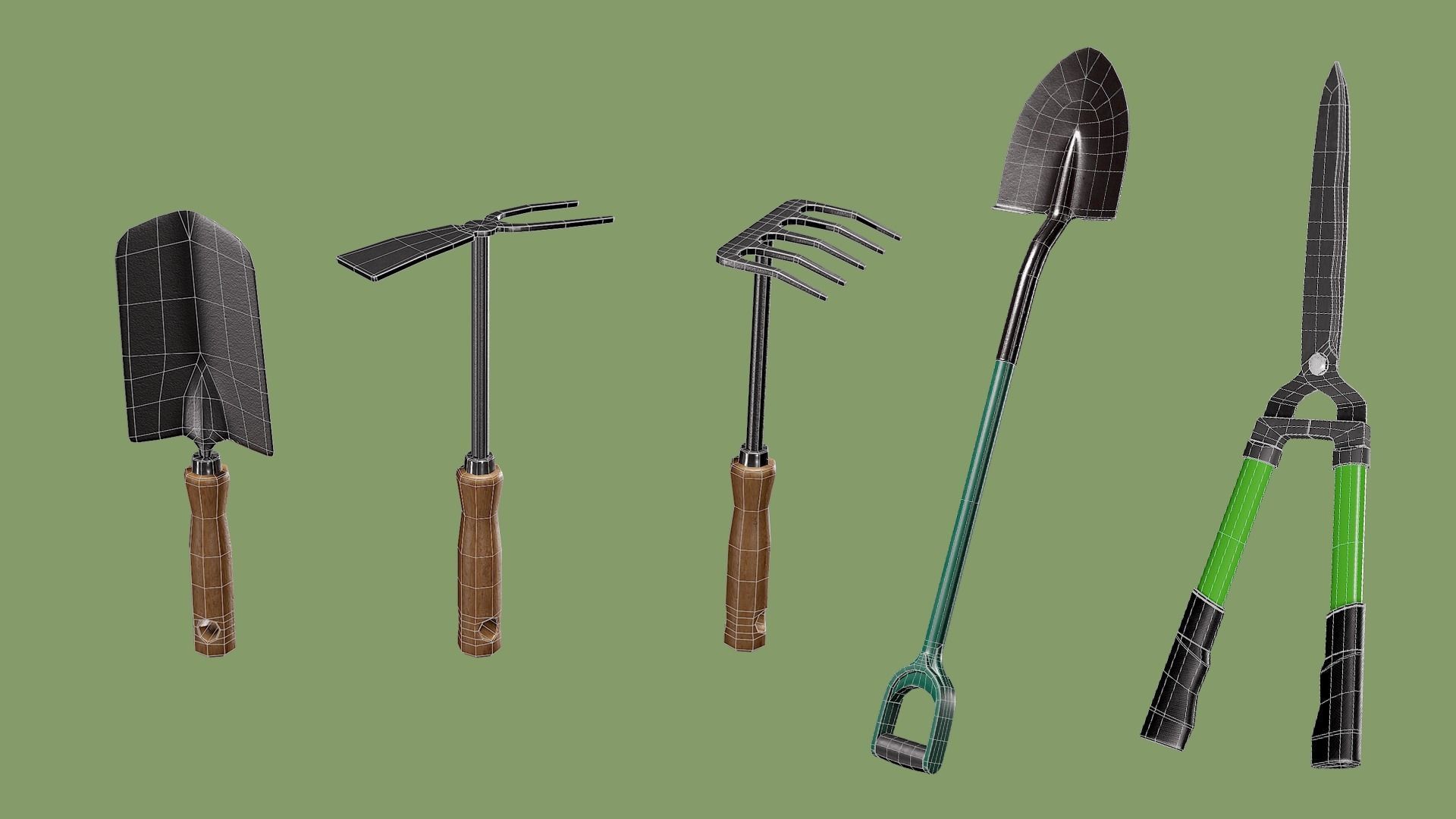 5 simple Garden Tools Low-poly 3D model_2