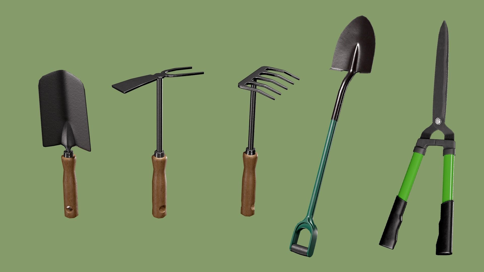 5 simple Garden Tools Low-poly 3D model_1
