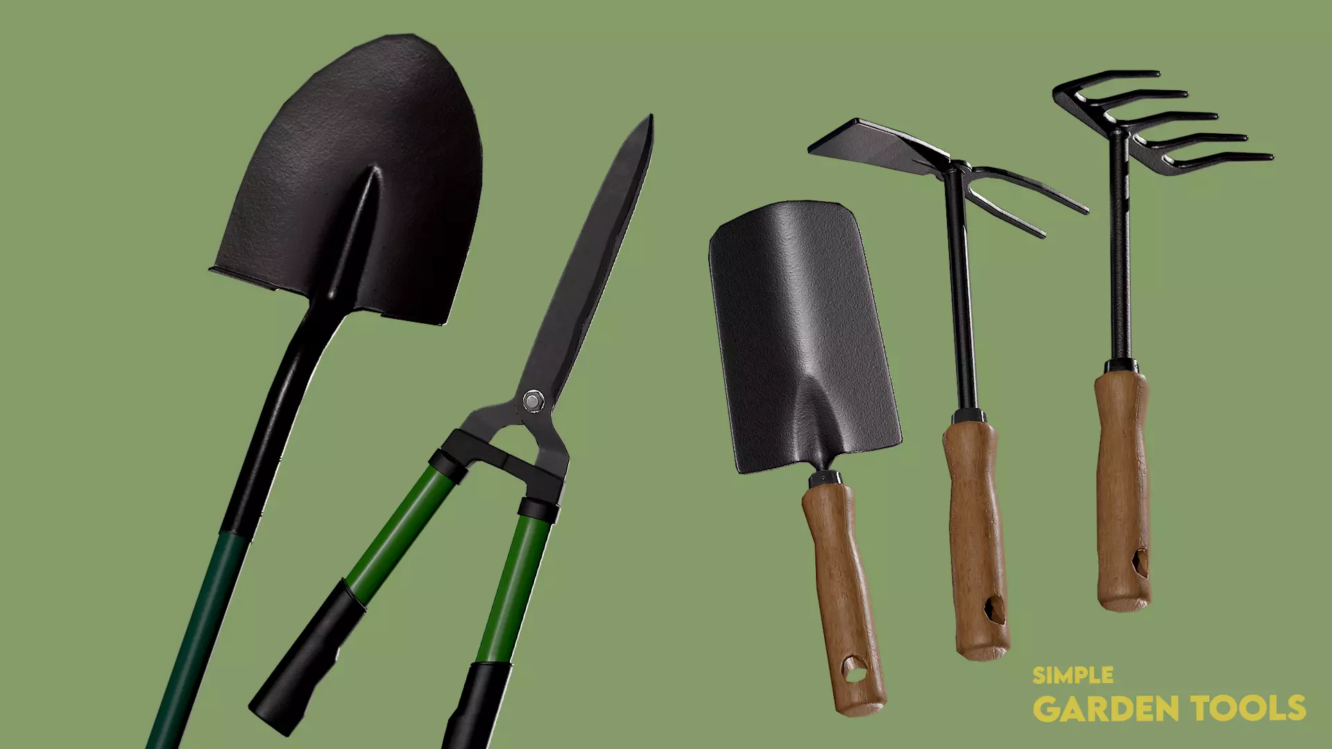 5 simple Garden Tools Low-poly 3D model_0