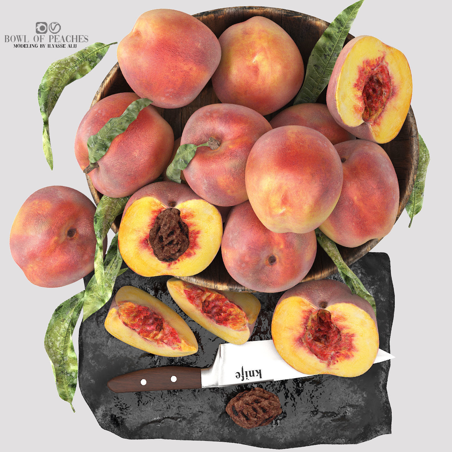 bowl of peaches fruit 3D model_2