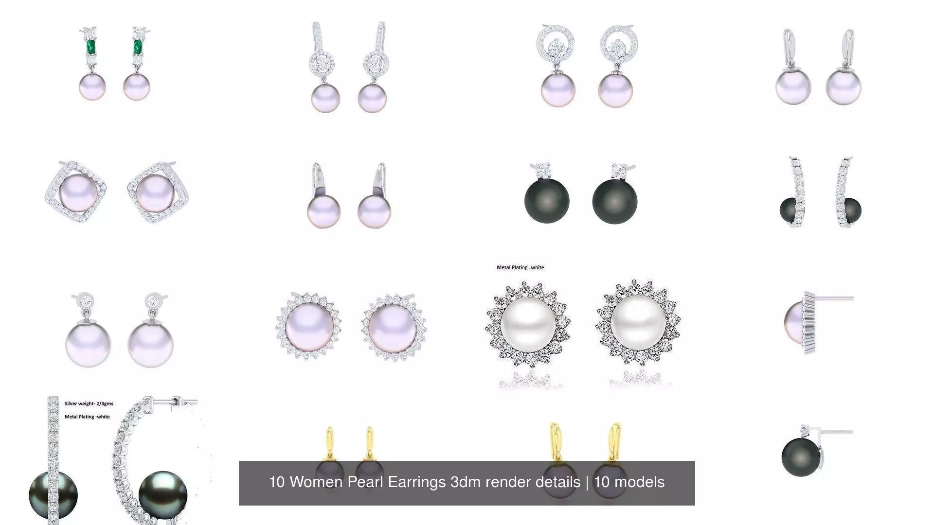 10 Women Pearl Earrings 3dm render details 3D Model Pack