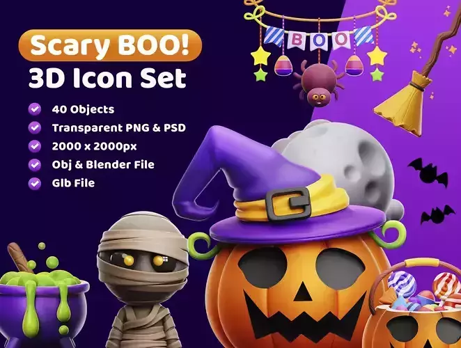 Halloween Scary Boo Icon Pack 3D Model Low-poly 3D model