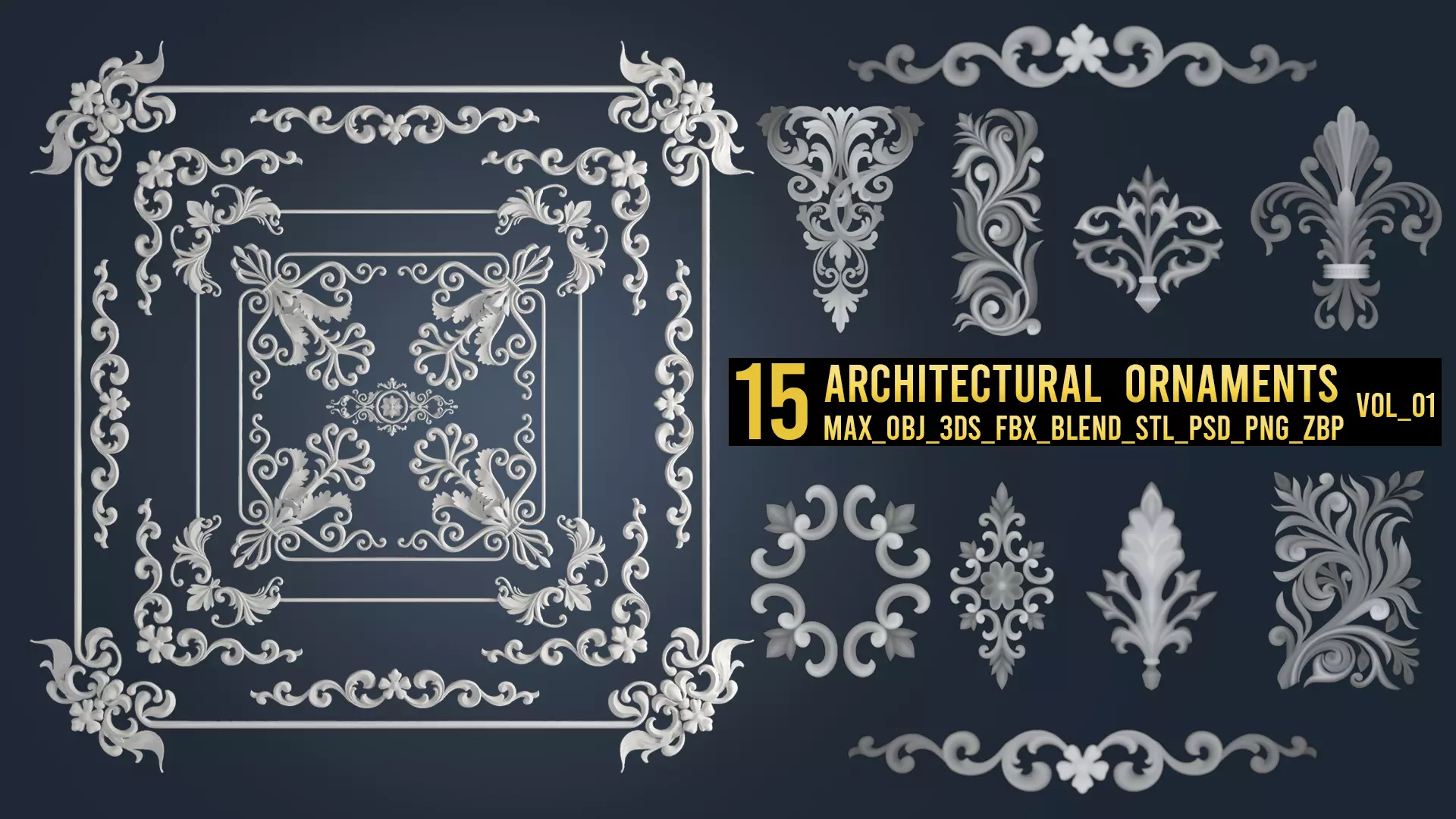 15 Architectural Ornaments 3DModel and Brush 3D model_0