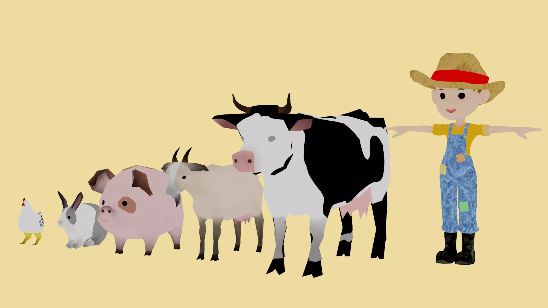 Farm animals and farmer boy Low-poly 3D model