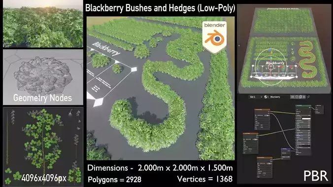 Blackberry Bushes and Hedges with Geometry Nodes Low-poly 3D model